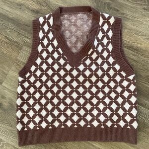 Brown and Cream Diamond Knit V-Neck Sweater Vest